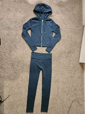 No Boundaries Ribbed Zip Hoodie & High-Waist Leggings Set — Teal Blue